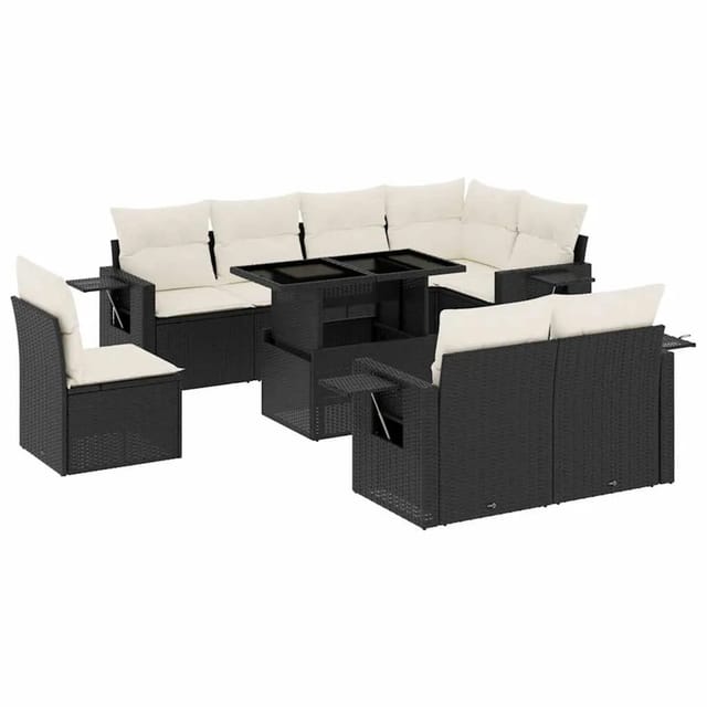 vidaXL 9-Tlg Garten-Sofagarnitur mit Kissen Schwarz Poly Rattan 3268036