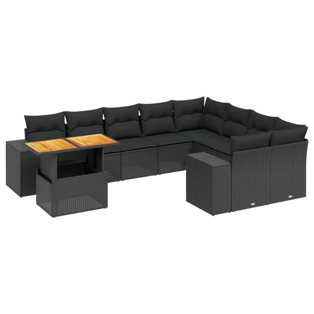 vidaXL 10-Tlg Garten-Sofagarnitur mit Kissen Schwarz Poly Rattan 3272798