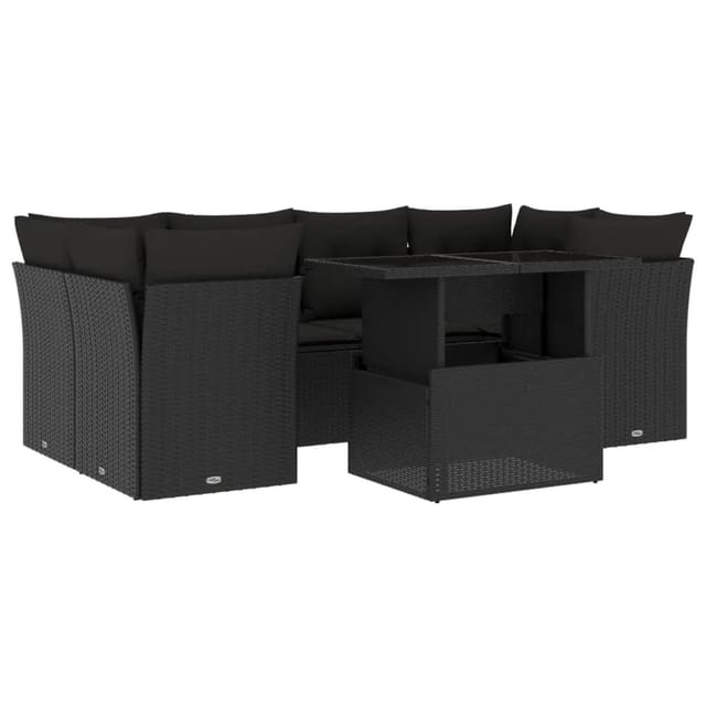 vidaXL 7-Tlg Garten-Sofagarnitur mit Kissen Schwarz Poly Rattan 3266375