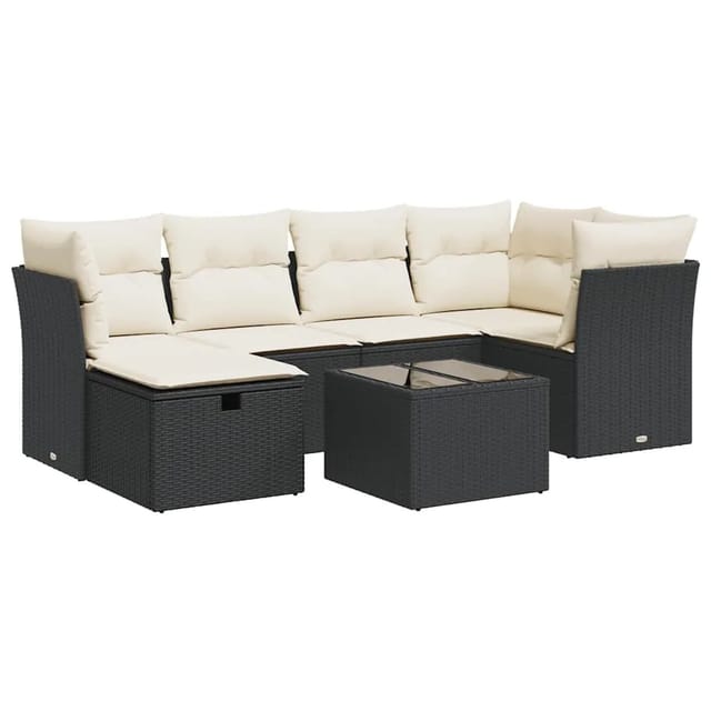 vidaXL 7-Tlg Garten-Sofagarnitur mit Kissen Schwarz Poly Rattan 3325292
