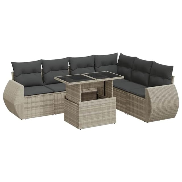 vidaXL 7-Tlg Garten-Sofagarnitur mit Kissen Hellgrau Poly Rattan 3326653