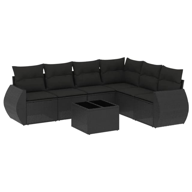 vidaXL 7-Tlg Garten-Sofagarnitur mit Kissen Schwarz Poly Rattan 3221414