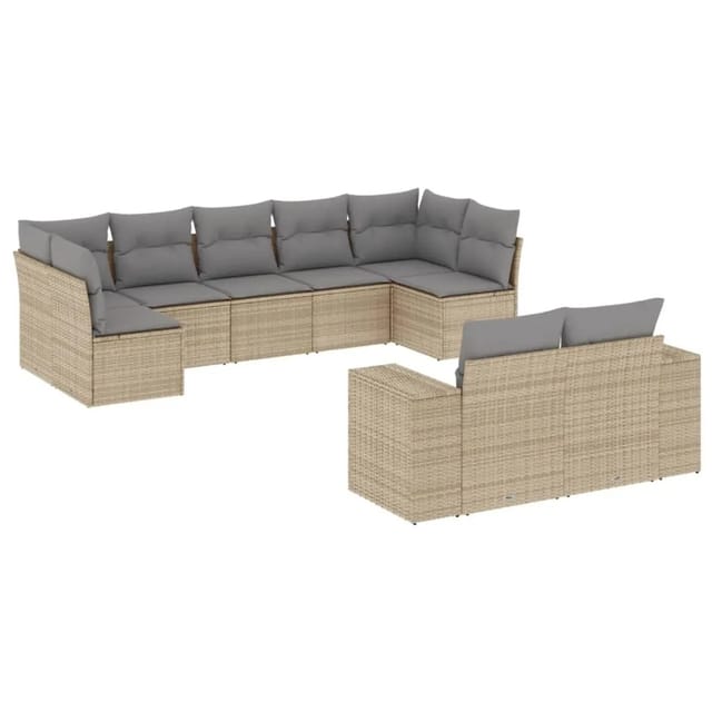 vidaXL 9-Tlg Garten-Sofagarnitur mit Kissen Beige Poly Rattan 3255356