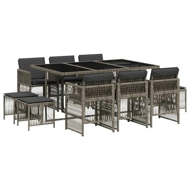 vidaXL 11-Tlg Garten-Essgruppe mit Kissen Grau Poly Rattan 3210968