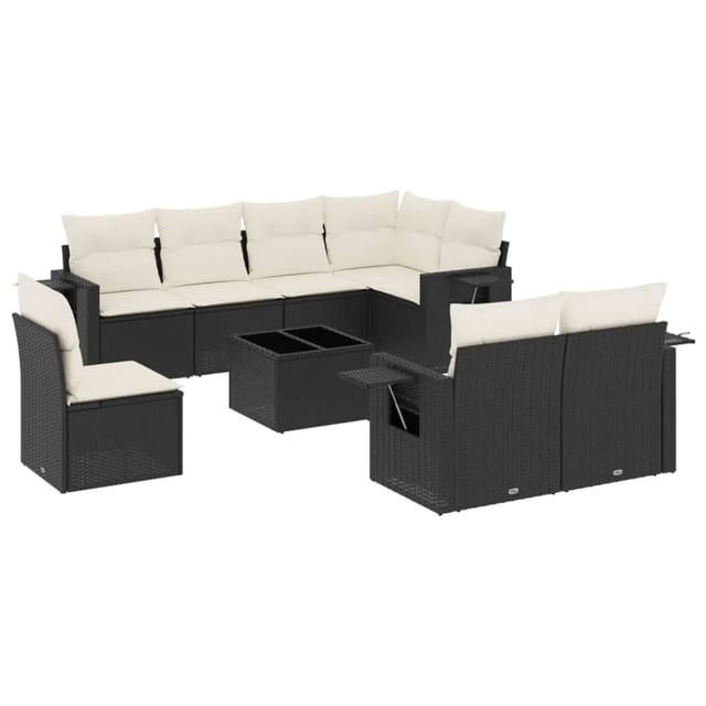 vidaXL 9-Tlg Garten-Sofagarnitur mit Kissen Schwarz Poly Rattan 3220445