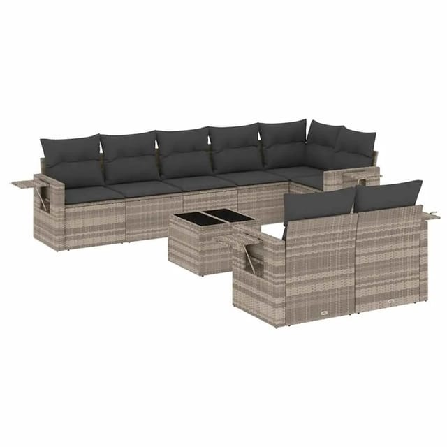 vidaXL 9-Tlg Garten-Sofagarnitur mit Kissen Hellgrau Poly Rattan 3220431