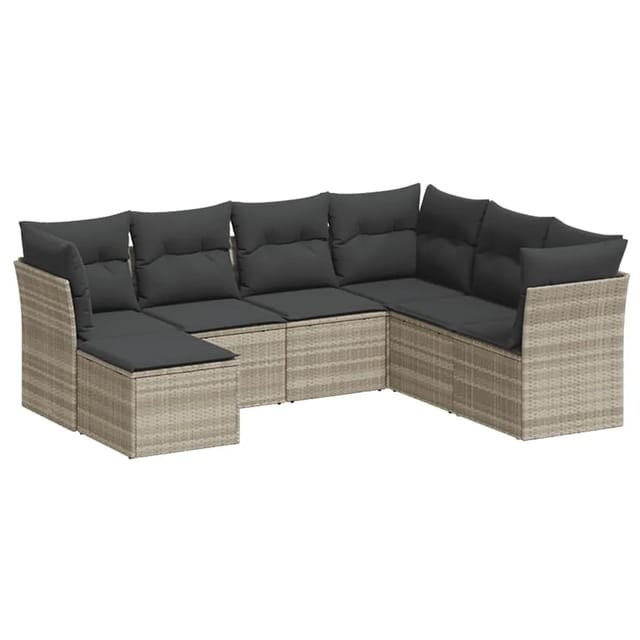 vidaXL 7-Tlg Garten-Sofagarnitur mit Kissen Hellgrau Poly Rattan 3217992
