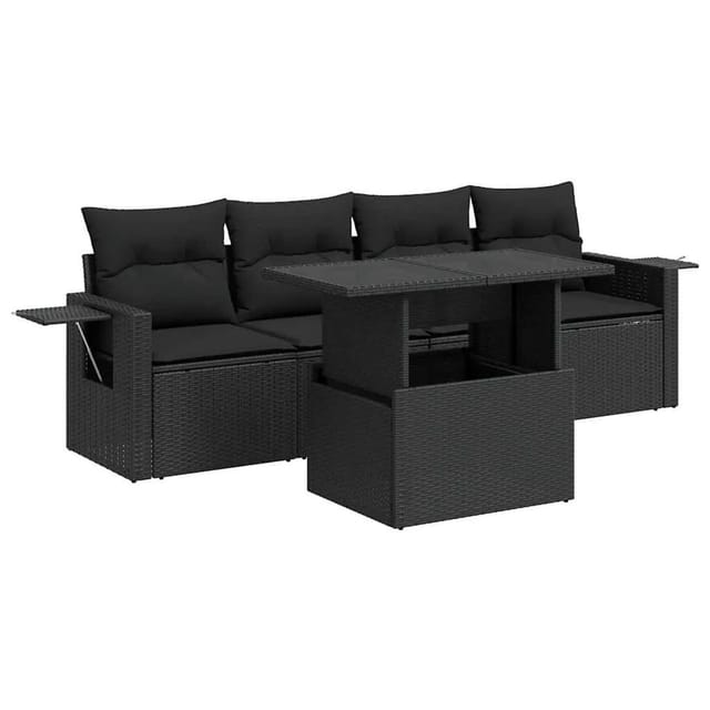 vidaXL 5-Tlg Garten-Sofagarnitur mit Kissen Schwarz Poly Rattan 3326396