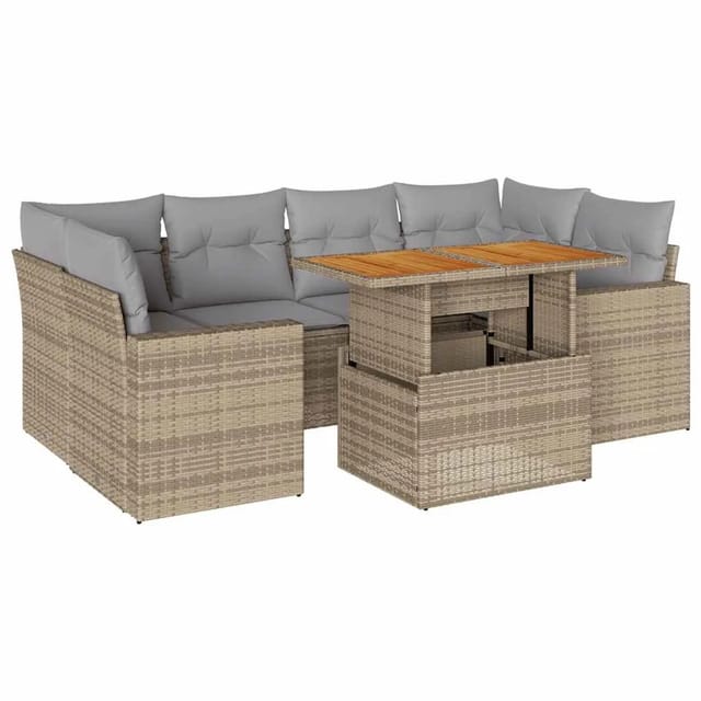 vidaXL 7-Tlg Garten-Sofagarnitur mit Kissen Beige Poly Rattan 3327006