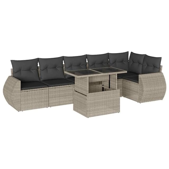vidaXL 7-Tlg Garten-Sofagarnitur mit Kissen Hellgrau Poly Rattan 3268552