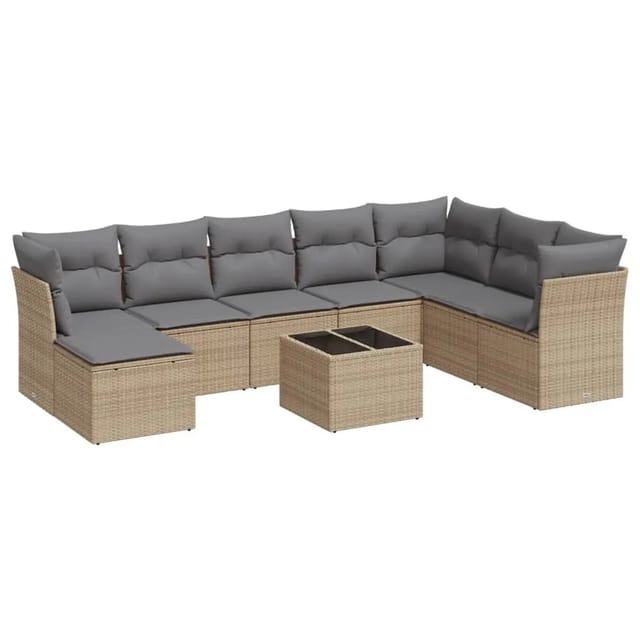 vidaXL 9-Tlg Garten-Sofagarnitur mit Kissen Beige Poly Rattan 3249898