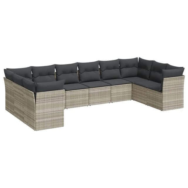 vidaXL 10-Tlg Garten-Sofagarnitur mit Kissen Hellgrau Poly Rattan 3218202