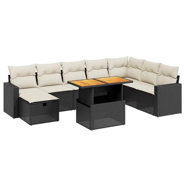 vidaXL 9-Tlg Garten-Sofagarnitur mit Kissen Schwarz Poly Rattan 3271448