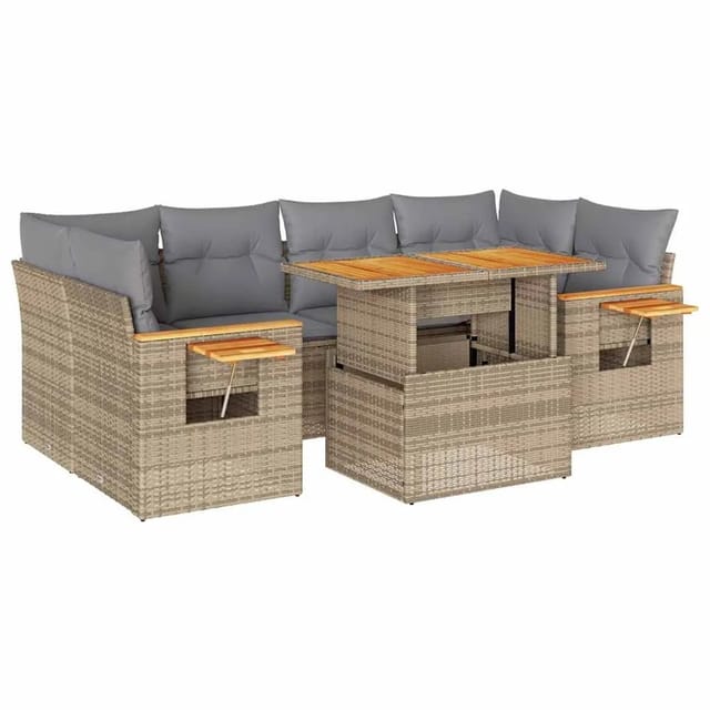 vidaXL 7-Tlg Garten-Sofagarnitur mit Kissen Beige Poly Rattan Akazie 3327566