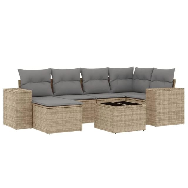 vidaXL 7-Tlg Garten-Sofagarnitur mit Kissen Beige Poly Rattan 3255206