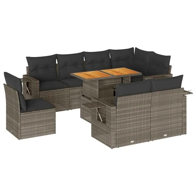 vidaXL 9-Tlg Garten-Sofagarnitur mit Kissen Grau Poly Rattan 3327168