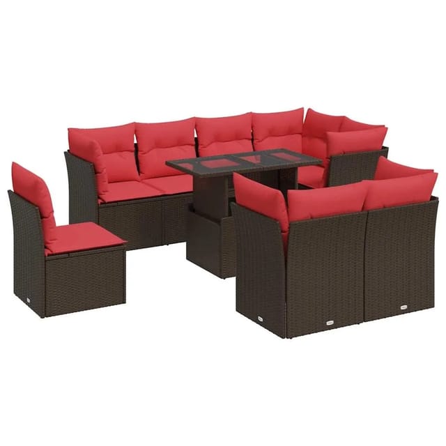vidaXL 9-Tlg Garten-Sofagarnitur mit Kissen Braun Poly Rattan Akazie 3326185