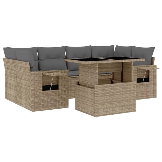 vidaXL 7-Tlg Garten-Sofagarnitur mit Kissen Beige Poly Rattan 3267759