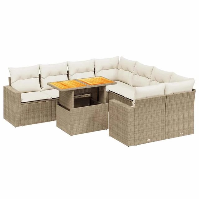 vidaXL 9-Tlg Garten-Sofagarnitur mit Kissen Beige Poly Rattan 3271240