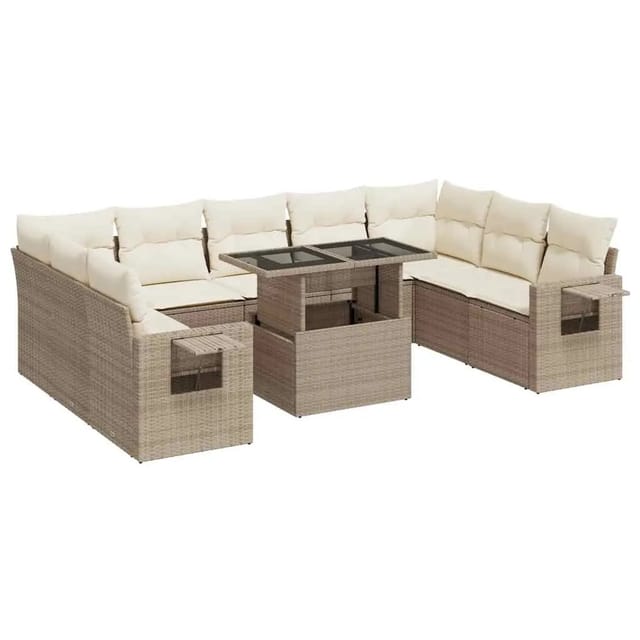 vidaXL 10-Tlg Garten-Sofagarnitur mit Kissen Beige Poly Rattan 3326539