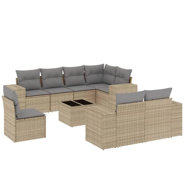 vidaXL 9-Tlg Garten-Sofagarnitur mit Kissen Beige Poly Rattan 3222848