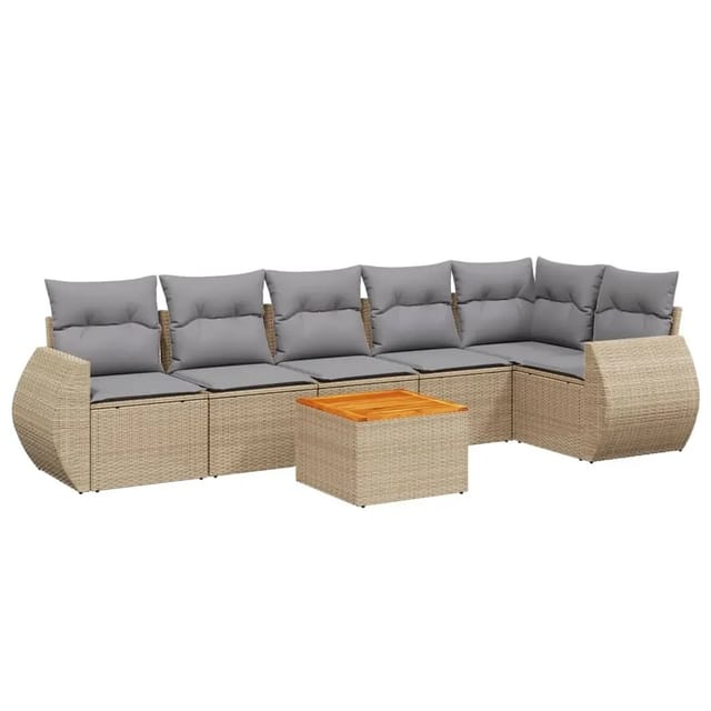 vidaXL 7-Tlg Garten-Sofagarnitur mit Kissen Beige Poly Rattan 3257347