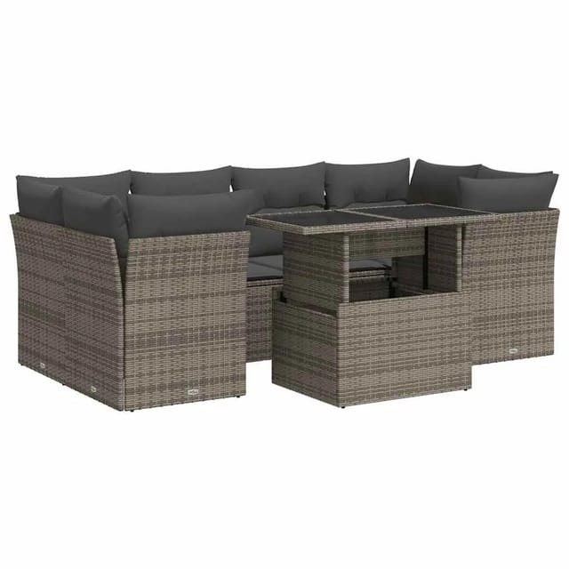 vidaXL 7-Tlg Garten-Sofagarnitur mit Kissen Grau Poly Rattan 3326111