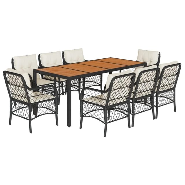 vidaXL 9-Tlg Garten-Essgruppe mit Kissen Schwarz Poly Rattan 3212041