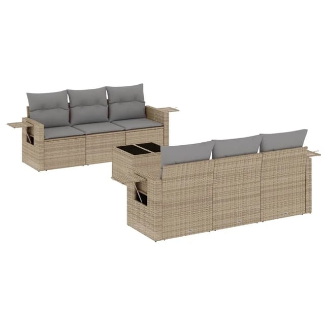 vidaXL 7-Tlg Garten-Sofagarnitur mit Kissen Beige Poly Rattan 3219908