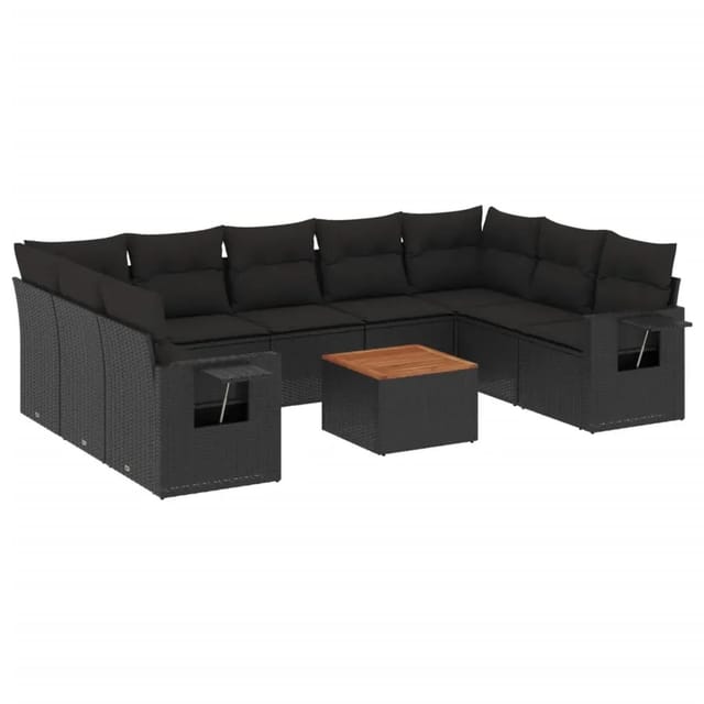vidaXL 10-Tlg Garten-Sofagarnitur mit Kissen Schwarz Poly Rattan 3257035