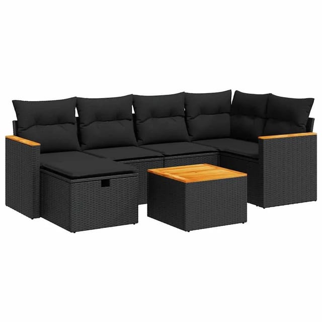 vidaXL 7-Tlg Garten-Sofagarnitur mit Kissen Schwarz Poly Rattan 3325919