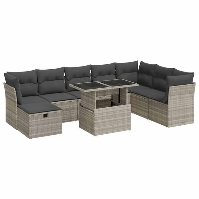 vidaXL 9-Tlg Garten-Sofagarnitur mit Kissen Hellgrau Poly Rattan 3327802