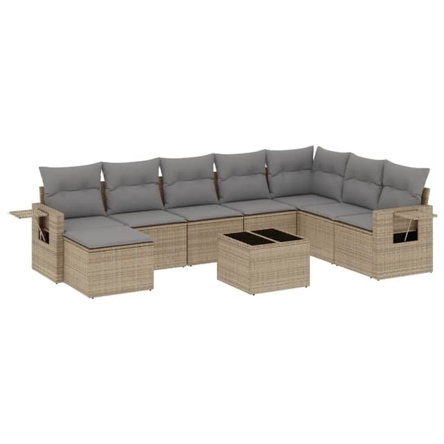 vidaXL 9-Tlg Garten-Sofagarnitur mit Kissen Beige Poly Rattan 3220568