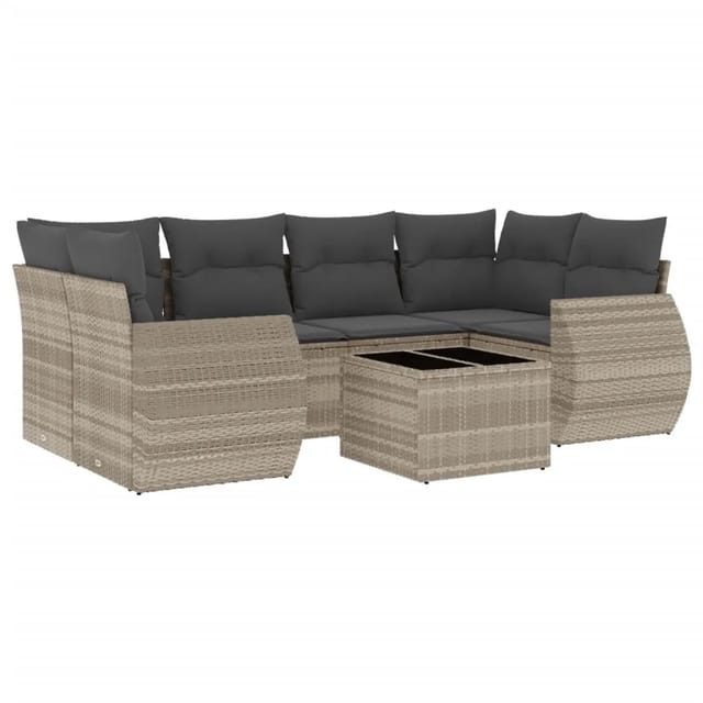 vidaXL 7-Tlg Garten-Sofagarnitur mit Kissen Hellgrau Poly Rattan 3253459