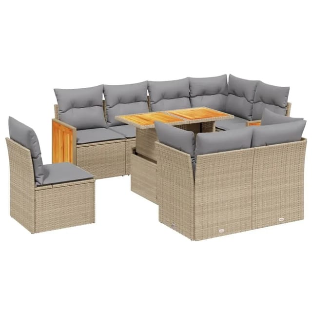vidaXL 9-Tlg Garten-Sofagarnitur mit Kissen Beige Poly Rattan 3274055
