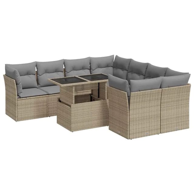 vidaXL 9-Tlg Garten-Sofagarnitur mit Kissen Beige Poly Rattan 3326130