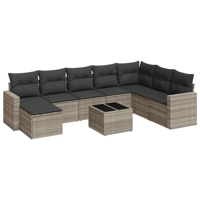 vidaXL 9-Tlg Garten-Sofagarnitur mit Kissen Hellgrau Poly Rattan 3219362