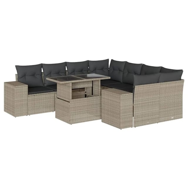 vidaXL 9-Tlg Garten-Sofagarnitur mit Kissen Hellgrau Poly Rattan 3269062