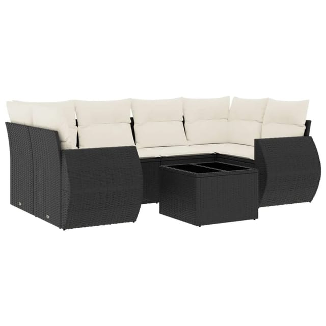 vidaXL 7-Tlg Garten-Sofagarnitur mit Kissen Schwarz Poly Rattan 3253453