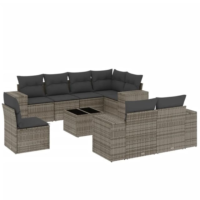 vidaXL 9-Tlg Garten-Sofagarnitur mit Kissen Grau Poly Rattan 3222849