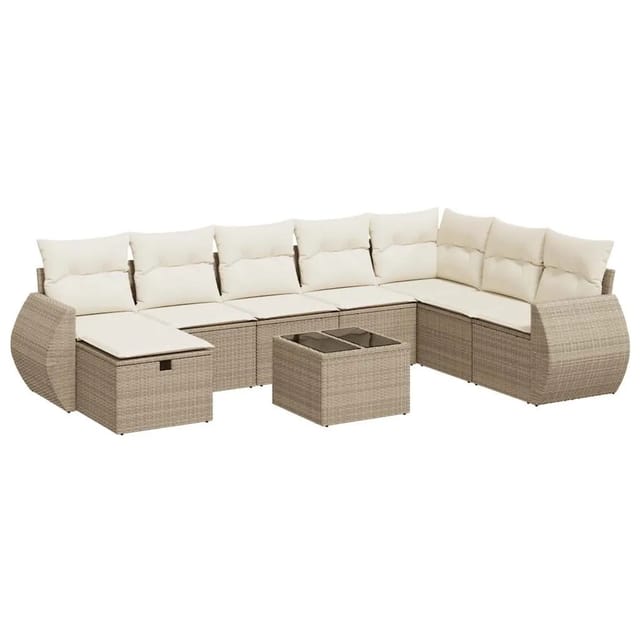 vidaXL 9-Tlg Garten-Sofagarnitur mit Kissen Beige Poly Rattan 3325644