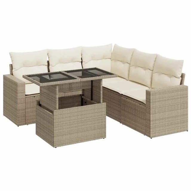 vidaXL 6-Tlg Garten-Sofagarnitur mit Kissen Beige Poly Rattan 3326319