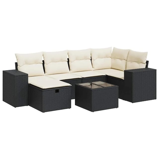 vidaXL 7-Tlg Garten-Sofagarnitur mit Kissen Schwarz Poly Rattan 3325692
