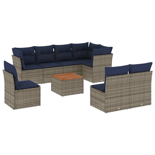 vidaXL 9-Tlg Garten-Sofagarnitur mit Kissen Grau Poly Rattan 3256019