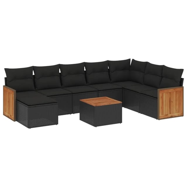 vidaXL 9-Tlg Garten-Sofagarnitur mit Kissen Schwarz Poly Rattan 3227931