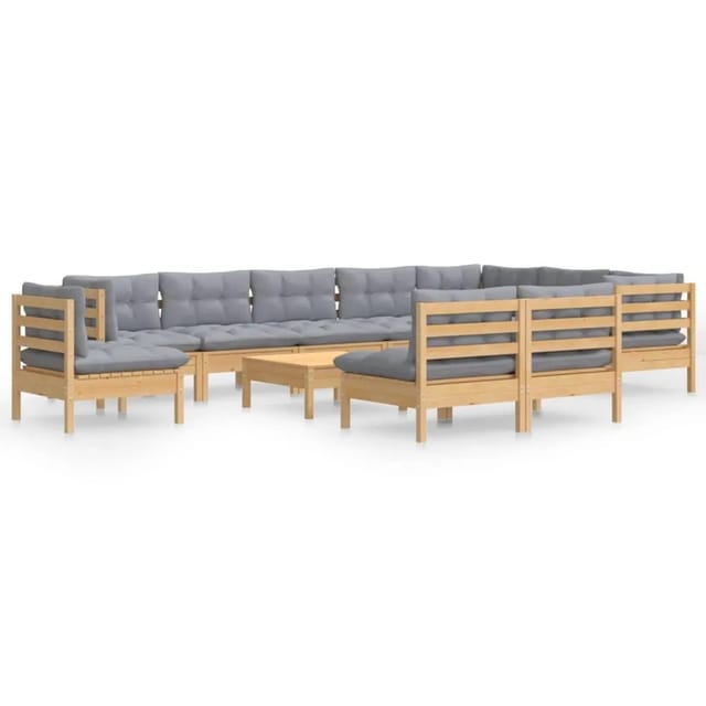 vidaXL 11-Tlg Garten-Lounge-Set mit Grauen Kissen Kiefer Massivholz 3096760