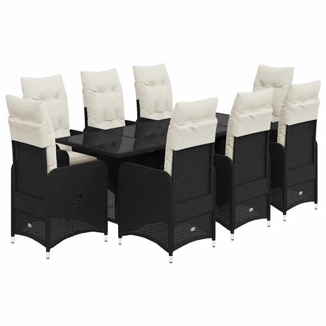 vidaXL 9-Tlg Garten-Bistro-Set mit Kissen Schwarz Poly Rattan 3276997