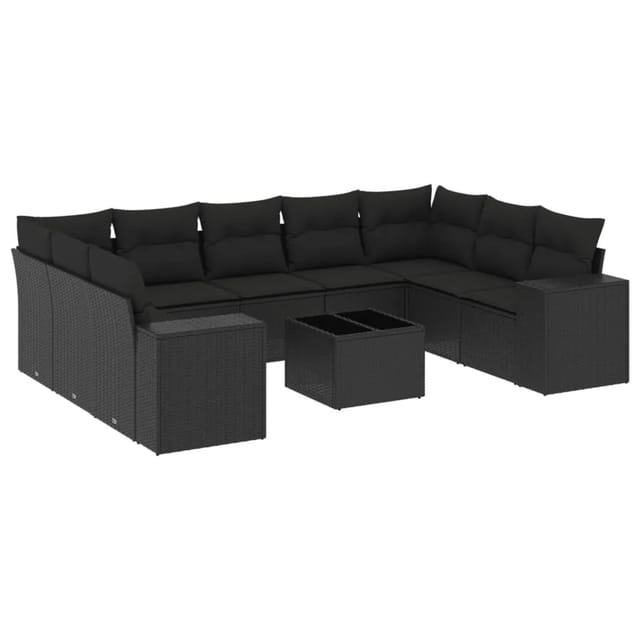 vidaXL 10-Tlg Garten-Sofagarnitur mit Kissen Schwarz Poly Rattan 3255342