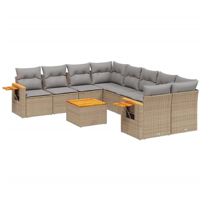 vidaXL 9-Tlg Garten-Sofagarnitur mit Kissen Beige Poly Rattan 3259070