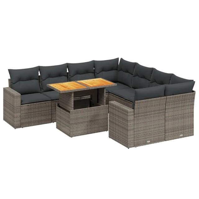 vidaXL 9-Tlg Garten-Sofagarnitur mit Kissen Grau Poly Rattan 3271242